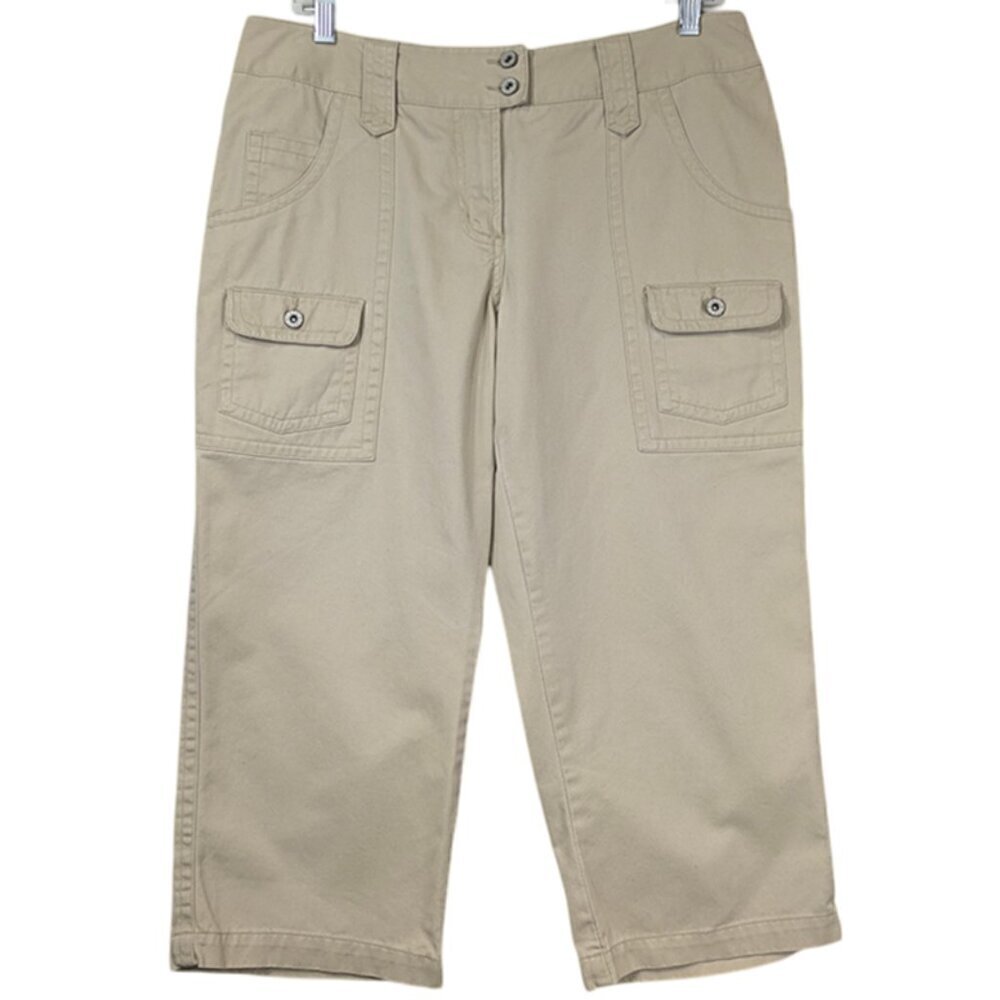 Cato Cropped Pants Womens 10 Khaki Beige Shorts Capris Patch Pockets Wide‎ Leg